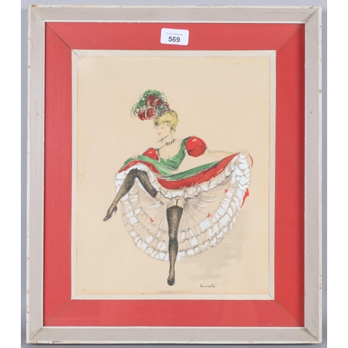 569 - Janicotte, study of Parisian Can-Can dancer, watercolour, signed, 27cm x 32cm