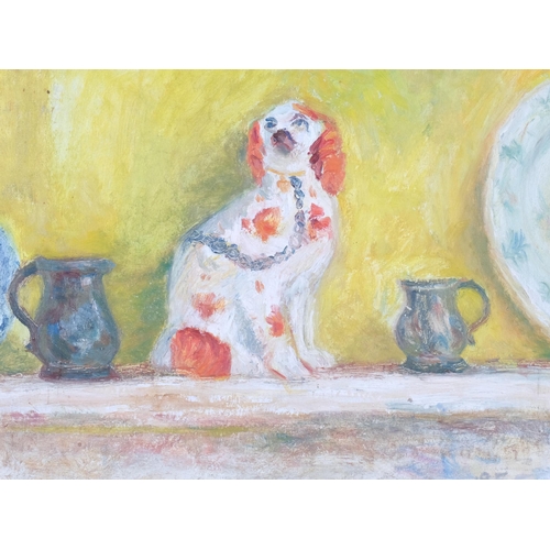 572 - Mid-20th century oil on board, still life with Staffordshire dog, indistinctly signed, dated 1955, 4... 