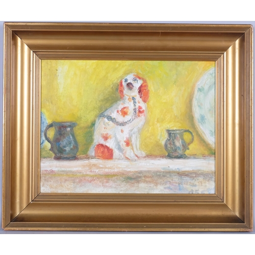 572 - Mid-20th century oil on board, still life with Staffordshire dog, indistinctly signed, dated 1955, 4... 