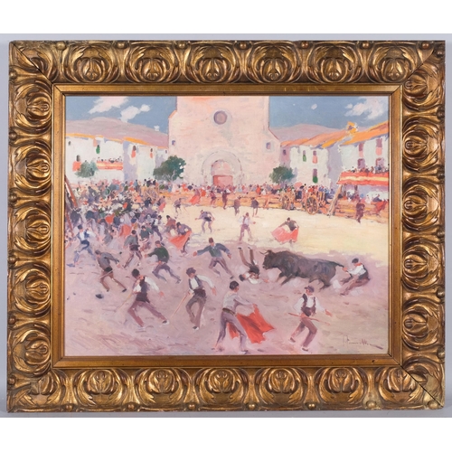 575 - Joaquin Derruella Matilla (1891 - 1957), Spanish School, bull run, oil on canvas, signed, 59cm x 46c... 