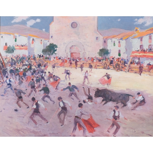 575 - Joaquin Derruella Matilla (1891 - 1957), Spanish School, bull run, oil on canvas, signed, 59cm x 46c... 