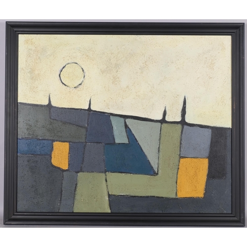 576 - Contemporary geometric abstract landscape, oil on canvas, unsigned, 76cm x 62cm, framed