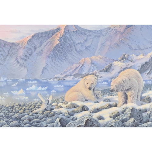 578 - David Griffin, 20th century polar bear family in snowy landscape, signed and dated 1992, 75cm x 49cm... 