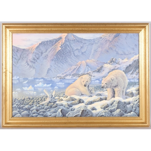 578 - David Griffin, 20th century polar bear family in snowy landscape, signed and dated 1992, 75cm x 49cm... 