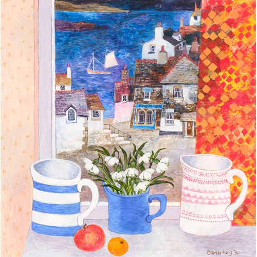 581 - Brenda King (1934 - 2011), still life coastal window sill, oil on board, signed and dated '92, 20cm ... 