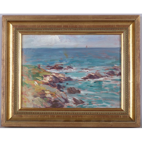 588 - Manner of Archibald Hartrick, Ommany, France, coastal scene, oil on board 20cm x 15cm, framed