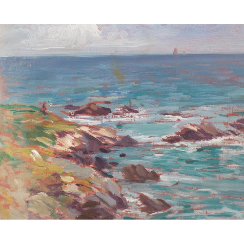 588 - Manner of Archibald Hartrick, Ommany, France, coastal scene, oil on board 20cm x 15cm, framed