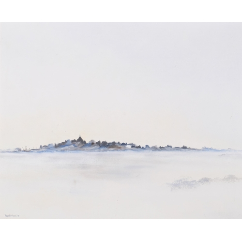 589 - Peter Williams, town view through mist, oil on board, signed and dated '76, 49cm x 40cm, framed