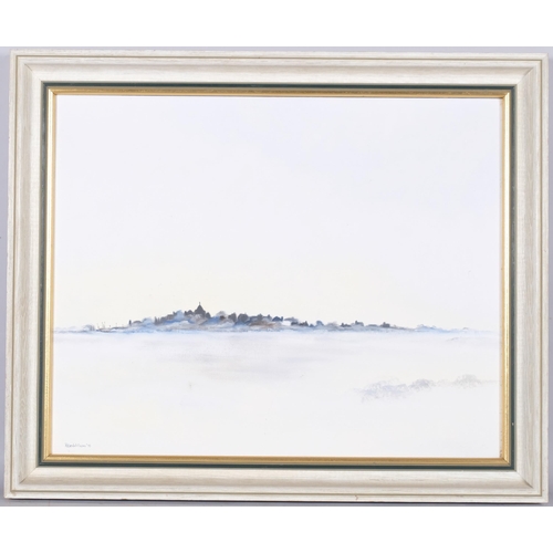 589 - Peter Williams, town view through mist, oil on board, signed and dated '76, 49cm x 40cm, framed