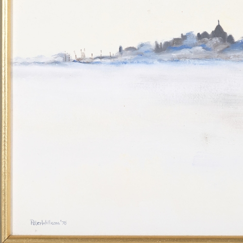 589 - Peter Williams, town view through mist, oil on board, signed and dated '76, 49cm x 40cm, framed