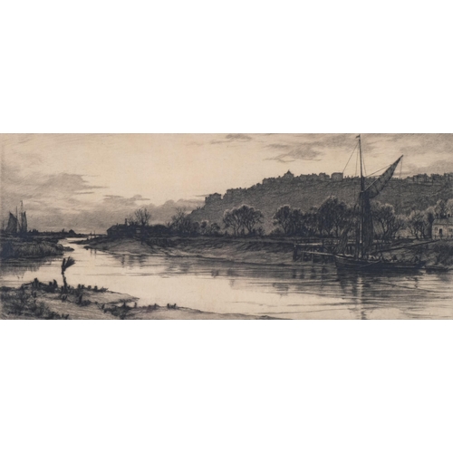 590 - Early 20th century etching of Rye from estuary, indistinctly signed, 37cm x 16cm, framed