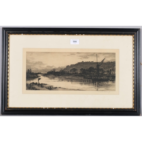 590 - Early 20th century etching of Rye from estuary, indistinctly signed, 37cm x 16cm, framed