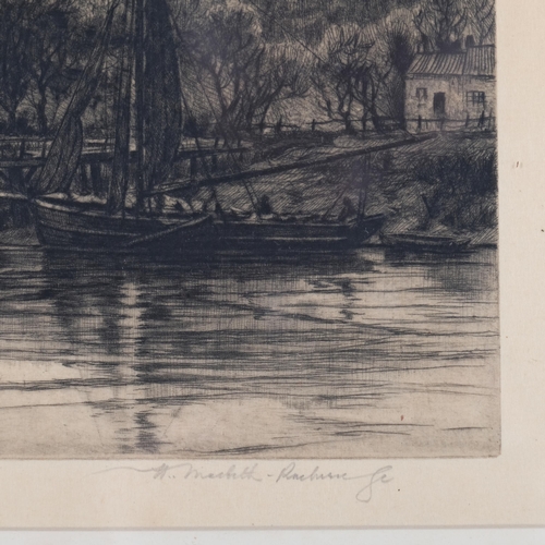 590 - Early 20th century etching of Rye from estuary, indistinctly signed, 37cm x 16cm, framed