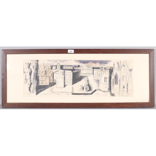 597 - John Piper, (1903-1992), lithograph in colours, Cheltenham – a panorama, 1940, 23.5cm x 70.5cm, moun... 