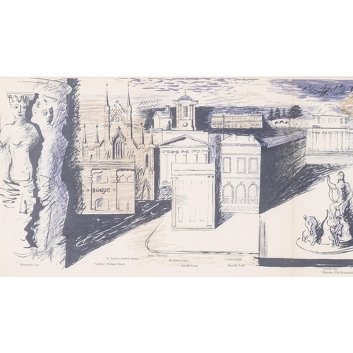 597 - John Piper, (1903-1992), lithograph in colours, Cheltenham – a panorama, 1940, 23.5cm x 70.5cm, moun... 