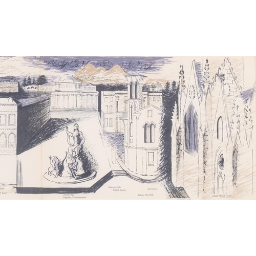 597 - John Piper, (1903-1992), lithograph in colours, Cheltenham – a panorama, 1940, 23.5cm x 70.5cm, moun... 