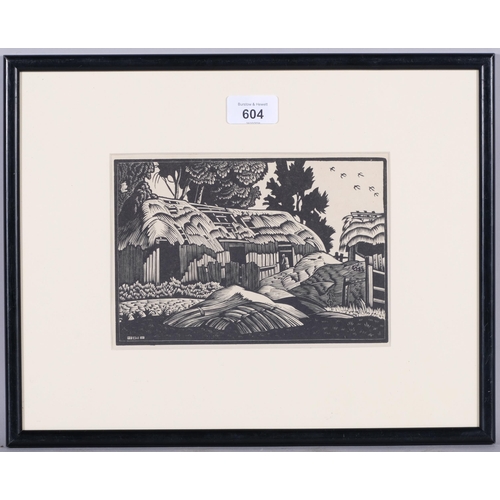 604 - Ethelbert White (1891-1972), wood engraving on paper, The Old Barn, signed with initials in the plat... 