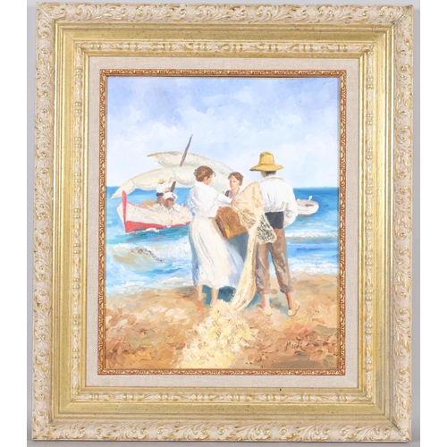 613 - Mardi Barrie (1931-2004), oil on canvas, Mediterranean Beach Scene, signed lower right, 40cm x 32cm,... 