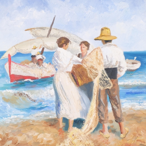 613 - Mardi Barrie (1931-2004), oil on canvas, Mediterranean Beach Scene, signed lower right, 40cm x 32cm,... 