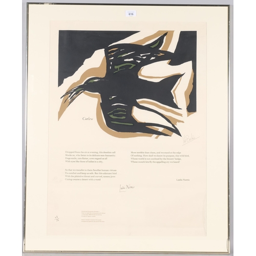 616 - Kit Barker (1916-1988), limited edition silkscreen print on paper, Curlew (1969), poetry poster sign... 