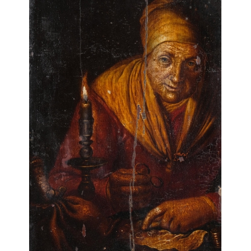 631 - 18th/19th century oil on panel, portrait of money counter by candlelight, unsigned, 31cm x 18cm