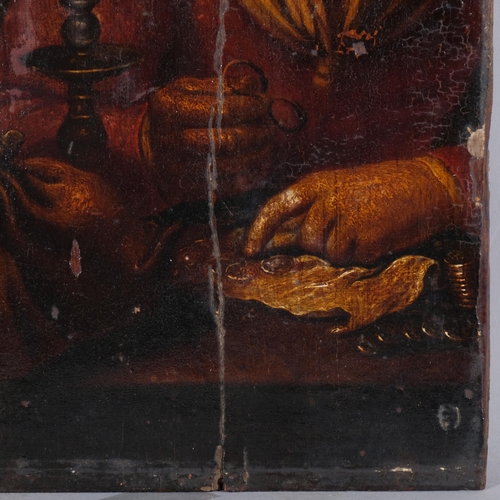 631 - 18th/19th century oil on panel, portrait of money counter by candlelight, unsigned, 31cm x 18cm