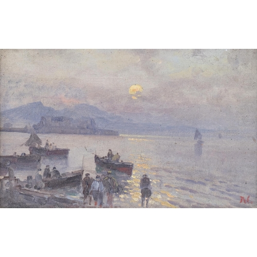 634 - Late 19th/early 20th century shore scene, oil on board, artist initial N, 21.5cm x 13.5cm, framed