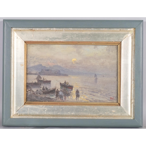 634 - Late 19th/early 20th century shore scene, oil on board, artist initial N, 21.5cm x 13.5cm, framed