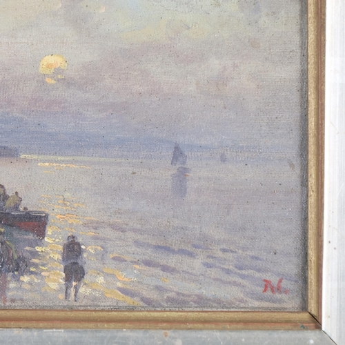 634 - Late 19th/early 20th century shore scene, oil on board, artist initial N, 21.5cm x 13.5cm, framed