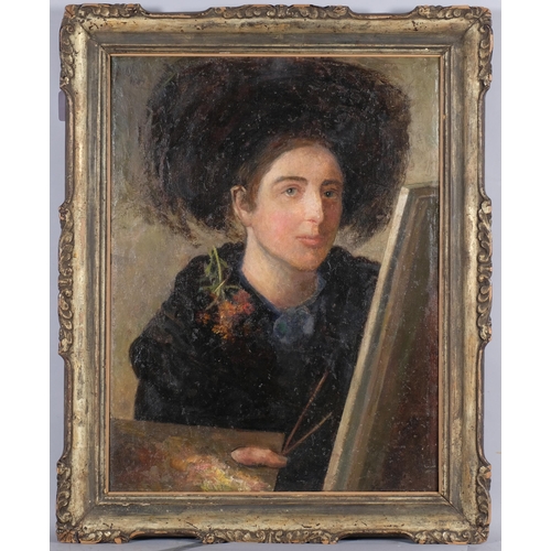 640 - Late 19th century portrait of female artist, oil on canvas laid to board, dated top left May 1889, 5... 