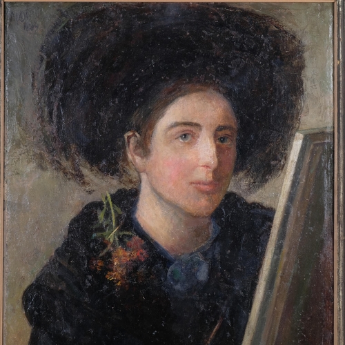 640 - Late 19th century portrait of female artist, oil on canvas laid to board, dated top left May 1889, 5... 