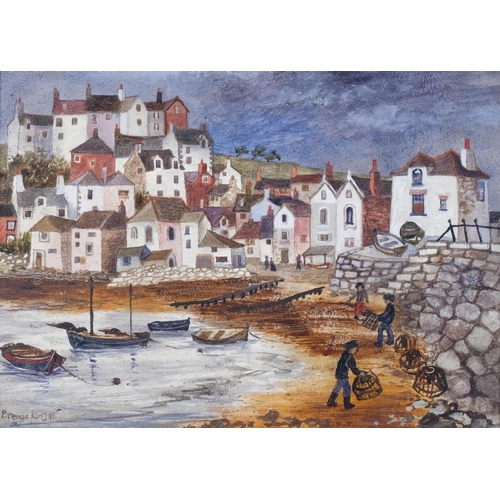 643 - Brenda King (1934 - 2011), St Ives, oil on board, 1976, 14.5cm x 20cm, framed, label verso from Heal... 