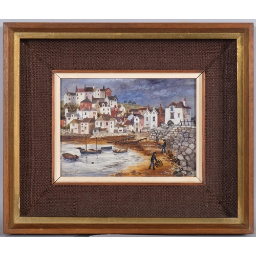 643 - Brenda King (1934 - 2011), St Ives, oil on board, 1976, 14.5cm x 20cm, framed, label verso from Heal... 