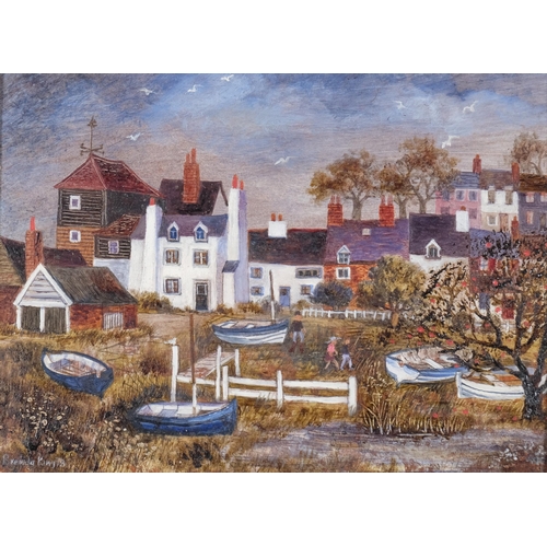 644 - Brenda King (1934 - 2011), Maldon, oil on board, 1978, 14.5cm x 20cm, framed, label verso from Heals... 