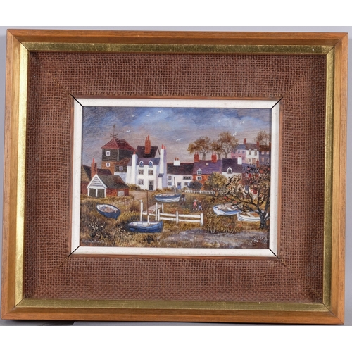 644 - Brenda King (1934 - 2011), Maldon, oil on board, 1978, 14.5cm x 20cm, framed, label verso from Heals... 