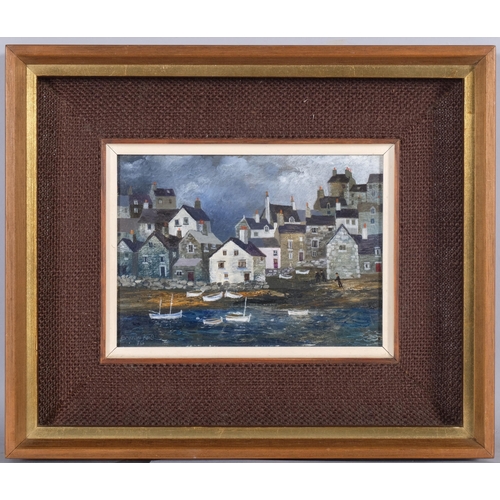 645 - Brenda King (1934 - 2011), Whitby, oil on board, 1976, 14.5cm x 20cm, framed, label verso from Heals... 