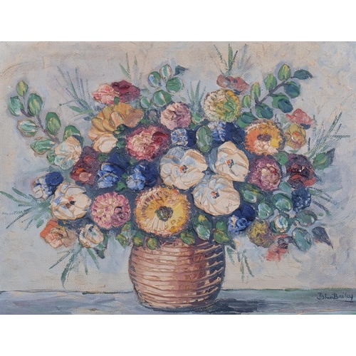 652 - John Bailey, still life flowers, mid-20th century oil impasto oil on board, 34cm x 44cm, framed