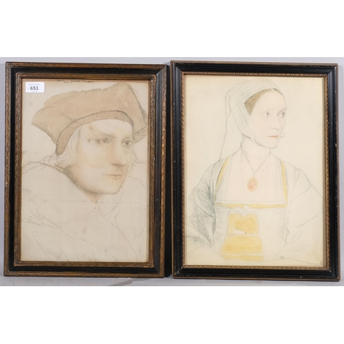 653 - Pair of portraits of Sir Thomas More and Cicely Heron, colour prints, 37cm x 26cm, framed