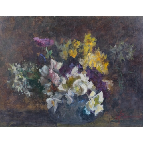 655 - Still life flowers, mid-20th century oil on board, indistinctly signed, 44cm x 60cm, framed and glaz... 