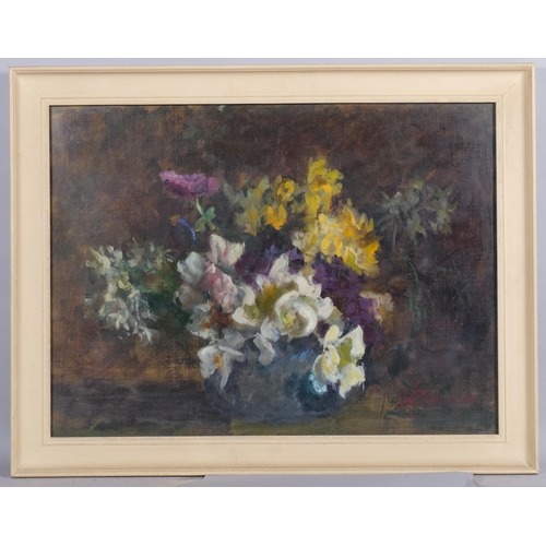 655 - Still life flowers, mid-20th century oil on board, indistinctly signed, 44cm x 60cm, framed and glaz... 