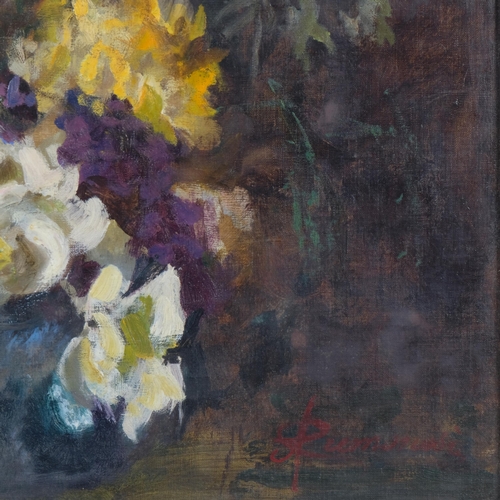 655 - Still life flowers, mid-20th century oil on board, indistinctly signed, 44cm x 60cm, framed and glaz... 