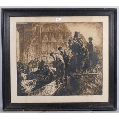 657 - Sir Frank Brangwyn (1867 - 1956), unloading barges Ghent, etching, signed in pencil, plate 59cm x 68... 