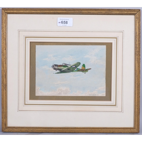 658 - Gordon Brashier, Boulton Paul Defiant fighter aircraft, watercolour 1942, 12cm x 17.5cm, framed