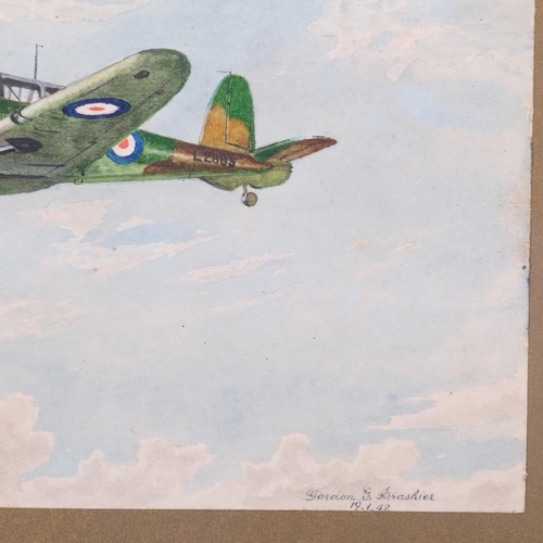 658 - Gordon Brashier, Boulton Paul Defiant fighter aircraft, watercolour 1942, 12cm x 17.5cm, framed