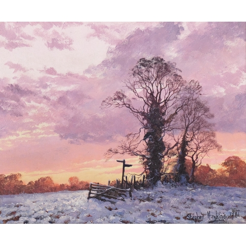 659 - Stephen Hawkins, winter sunset, 1987, oil on canvas, 25cm x 30cm, framed