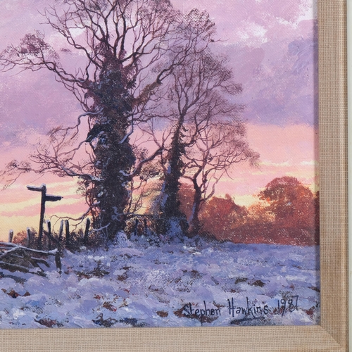 659 - Stephen Hawkins, winter sunset, 1987, oil on canvas, 25cm x 30cm, framed