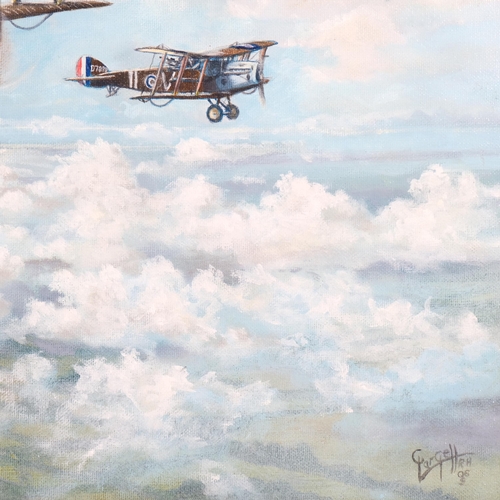 660 - Roy Gargett (1931 - 2015), 2 Tiger Moth aircraft, oil on canvas, 46cm x 61cm, framed, together with ... 