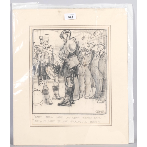 661 - Leslie Grimes (1898 - 1983), First World War cartoon drawing, charcoal on paper, image 28cm x 25cm, ... 