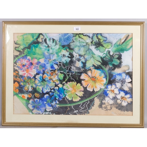 662 - Carolyn Fuller (Greenwich printmaker and artist), summer flowers, 46cm x 66cm, framed