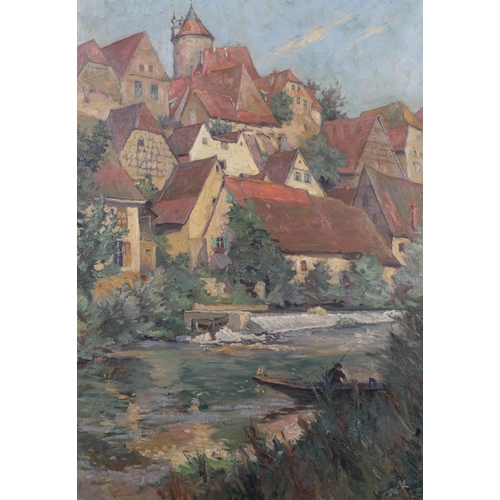 663 - Wenck, Continental village scene, oil on canvas, 70cm x 50cm, framed